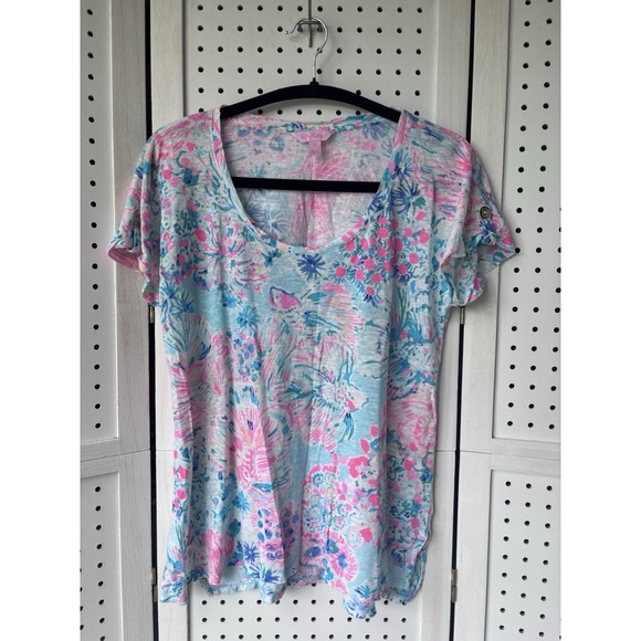 Lilly Pulitzer Tops - Lilly Pulitzer Womens Sm Short SLV Colorful Scoop Neck 100% Linen Tee Shirt